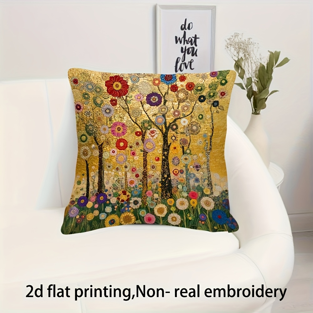 TEMU 2d 1pc, Klimt-style Golden Garden Print Pillowcase, Vintage , Multiple Sizes , Velvet Material, Single-sided Print, Machine Washable, Zipper
