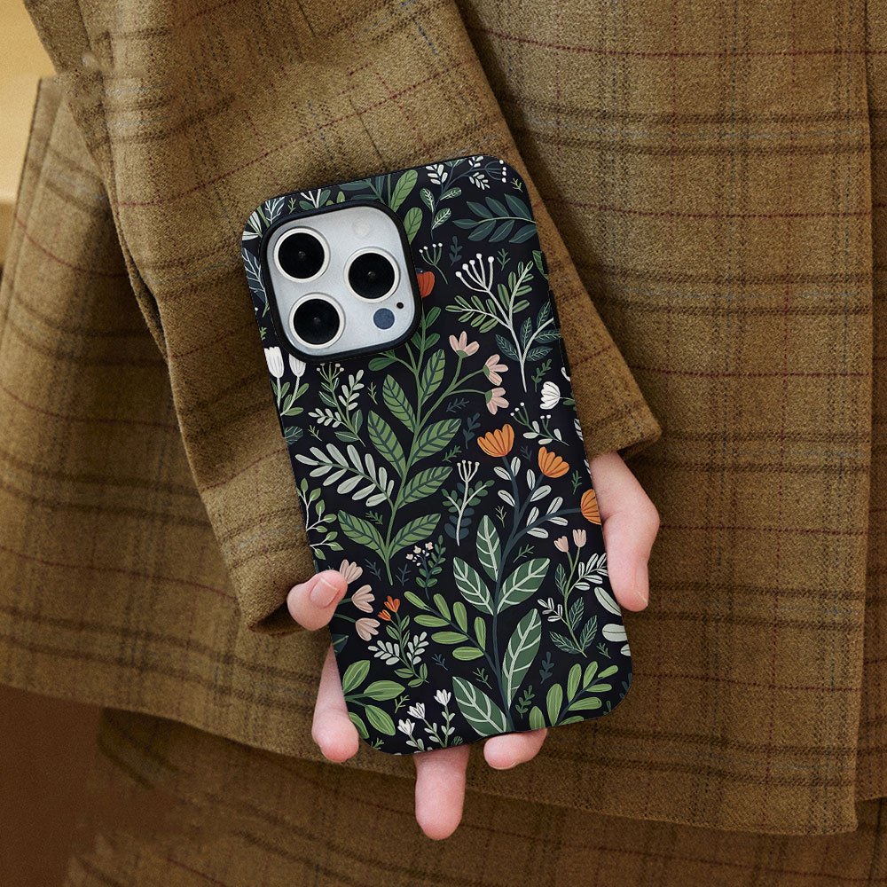 TEMU Phone Case - Green Leaves Art Design Stylish Pattern, Glossy 2-in-1 Case, Tough, Dual Layered Case For Durable, , For Iphone 17, 16, 15, 14, 13,