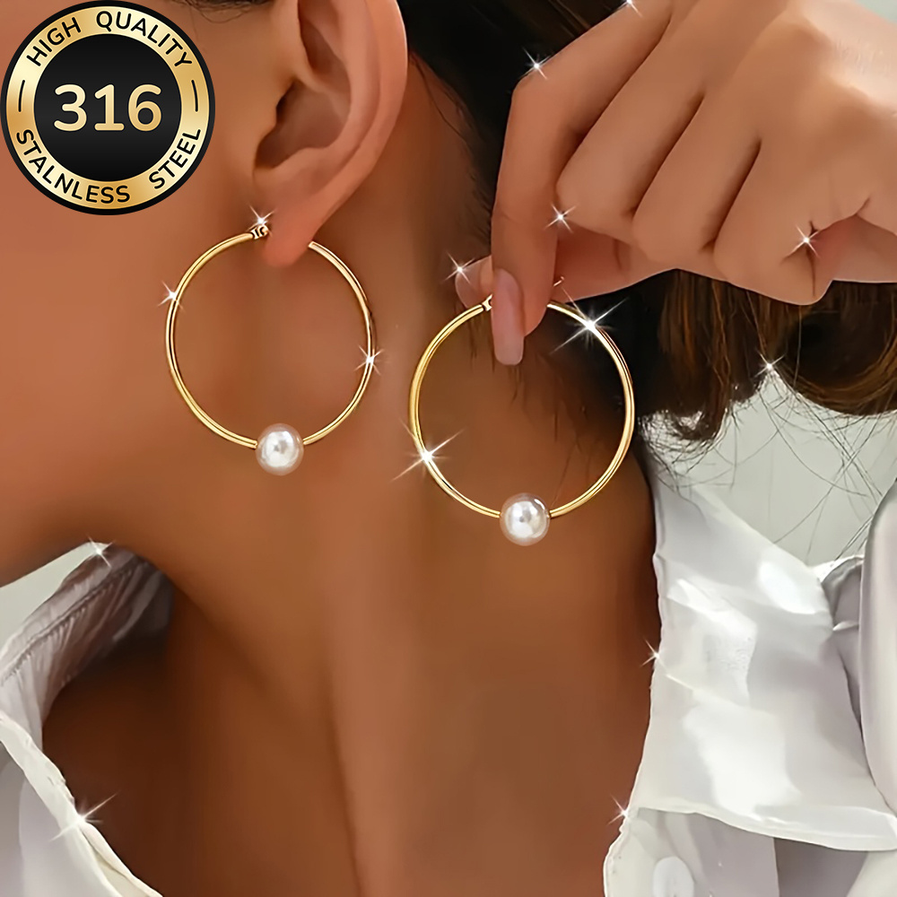 TEMU High-quality Stainless Steel Golden Hoop Earrings, Hypoallergenic, Fade-resistant, Simple And Elegant, Fashionable Women's Earrings For Daily