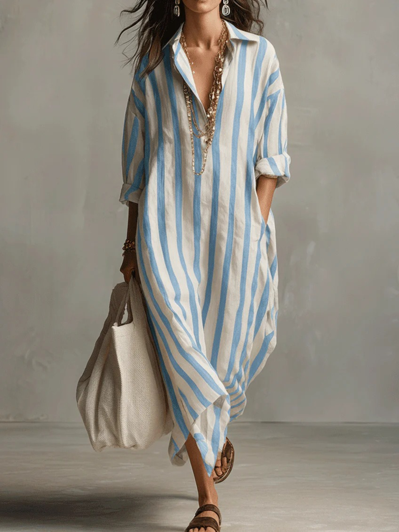 chinese dress ladies Khaki Stripe Long Sleeve Button Up Mini Shirt Dress – 4:19 Crafters main image 0