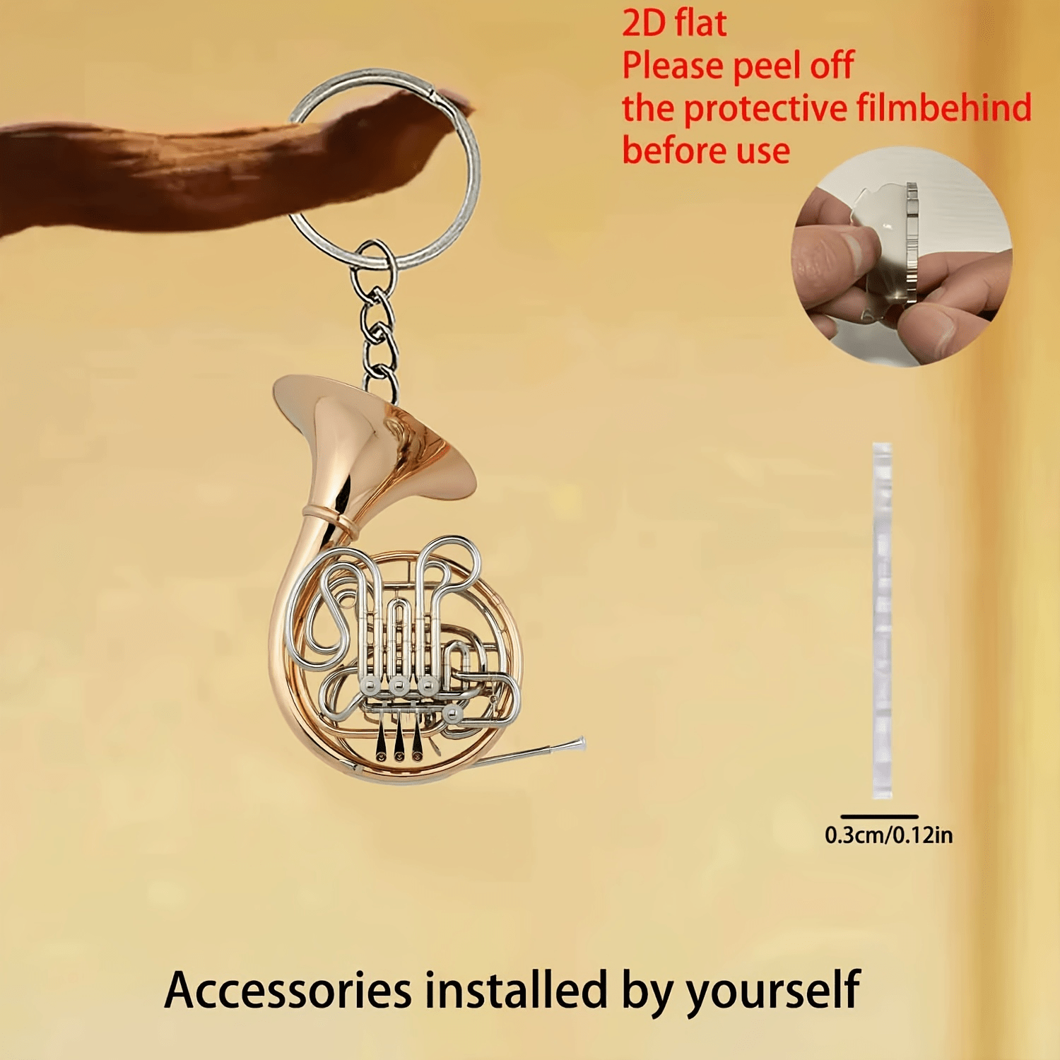 TEMU Portachiavi piatto 2D a forma di corno francese - Replica realistica mini corno francese con portachiavi, accessorio per strumento in acrilico