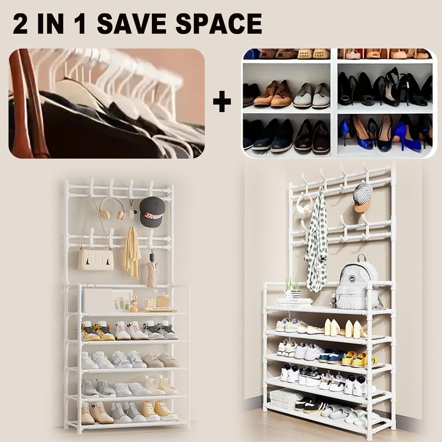 5-Tier Entryway Shelf with Metal Coat Rack And Shoe Rack, Suitable for Front Door Entryway, Entry Shoe Rack with Coat Rack, Multifunctional Entryway Storage Organizer, Suitable for Home, Hallway, Bedroom (White)