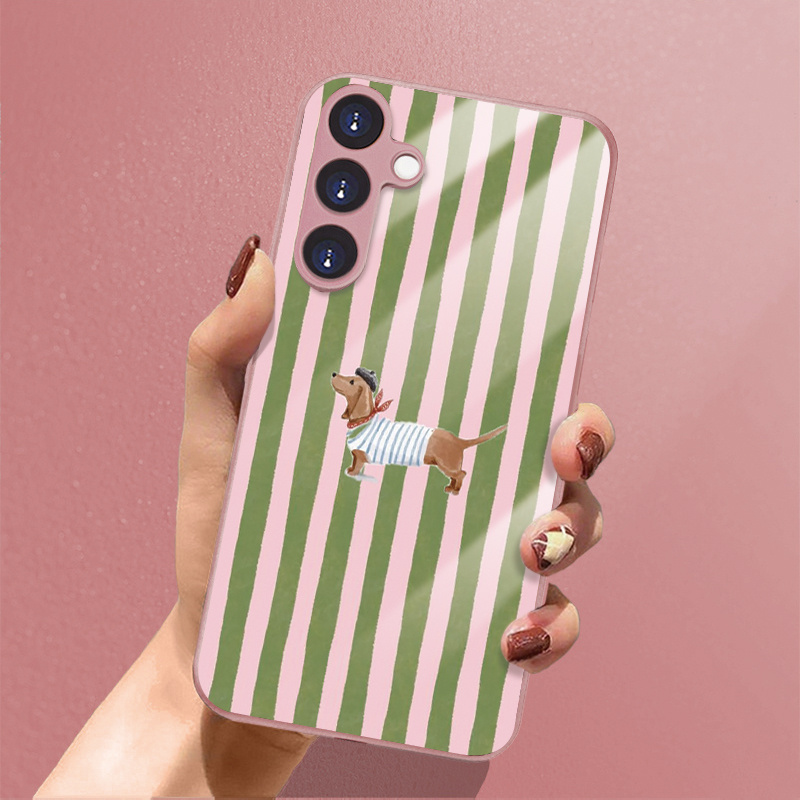 TEMU Phone Case: [2d Flat] Striped Dog , Suitable For S25 Plus, 24 Pro, 23 Ultra, And Note 20, A55, A56, A16, And Other Models. Pink, Stylish, And