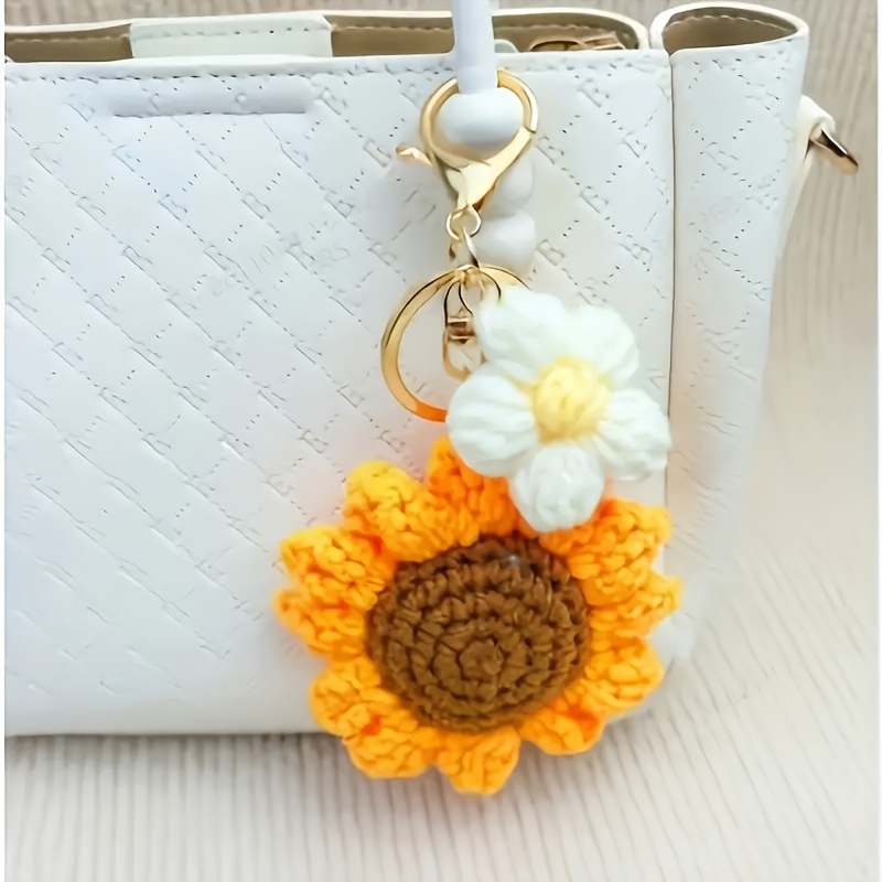 Image of Sunflower Keychain Pendant - A Lovely Floral Decoration, An Ideal Gift, Knitted , Round With A Women's Ring, .