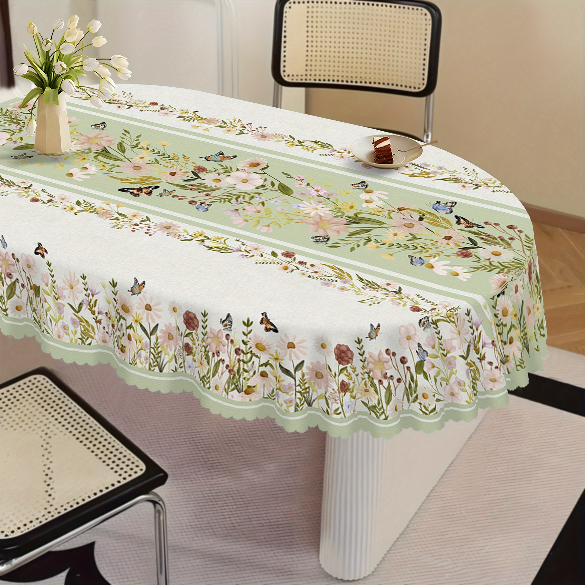 1pc Floral Tablecloth Suitable For Spring Summer Decor - Soft Flowers Green, Machine- Round/oval/rectangular Table For Indoor Outdoor Parties, Dining, - &