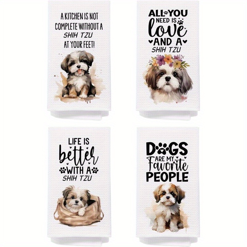 TEMU 4pcs Shih Tzu Kitchen Towels - 18x26 Inch, Super Soft Polyester, Cute & Funny Shih Tzu Designs, Perfect For Cooking, Baking, And Bathroom Decor, Machine Washable, Dish Towels