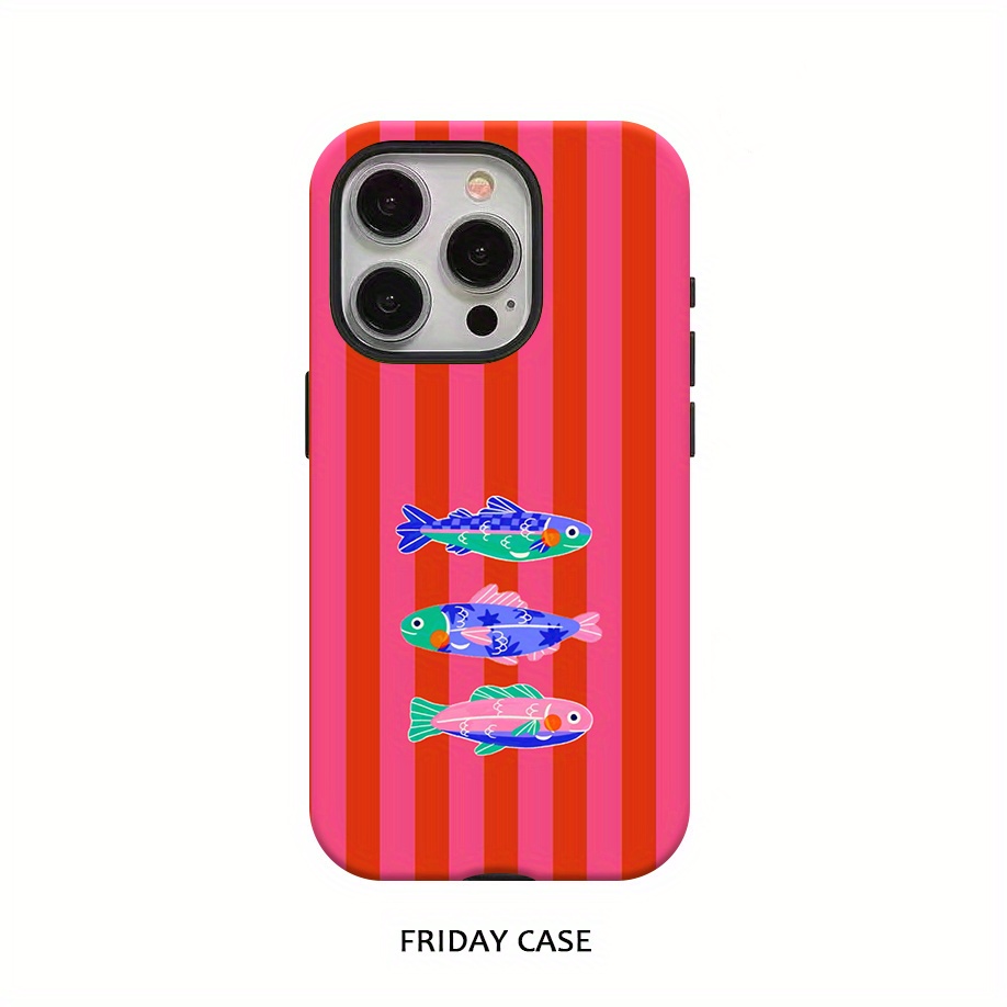 TEMU Phone Case: Striped Small Fish Phone Case For Iphone 16 Pro Max, 15 Pro, 13, 11, 12, Xs, 8 Plus, 7 Glossy 2-in-1 Case