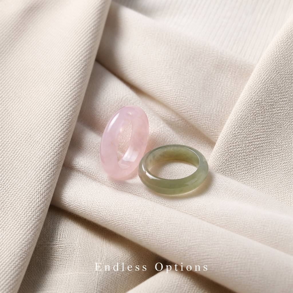 2pcs Solid Pink Quartz & Green Agate Stackable Ring Set for Her