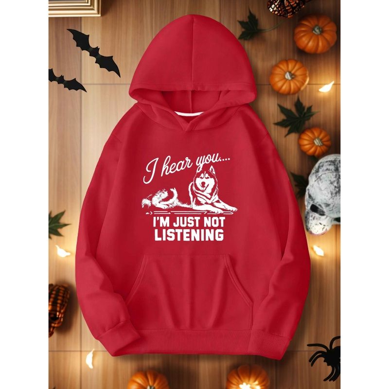 

Build, Women's Cozy Polyester Hoodie With Husky Humor - "i Just Not Listening" Print, Casual Black Hooded Sweatshirt With Pockets, Fall/winter, Sweater Hoodie