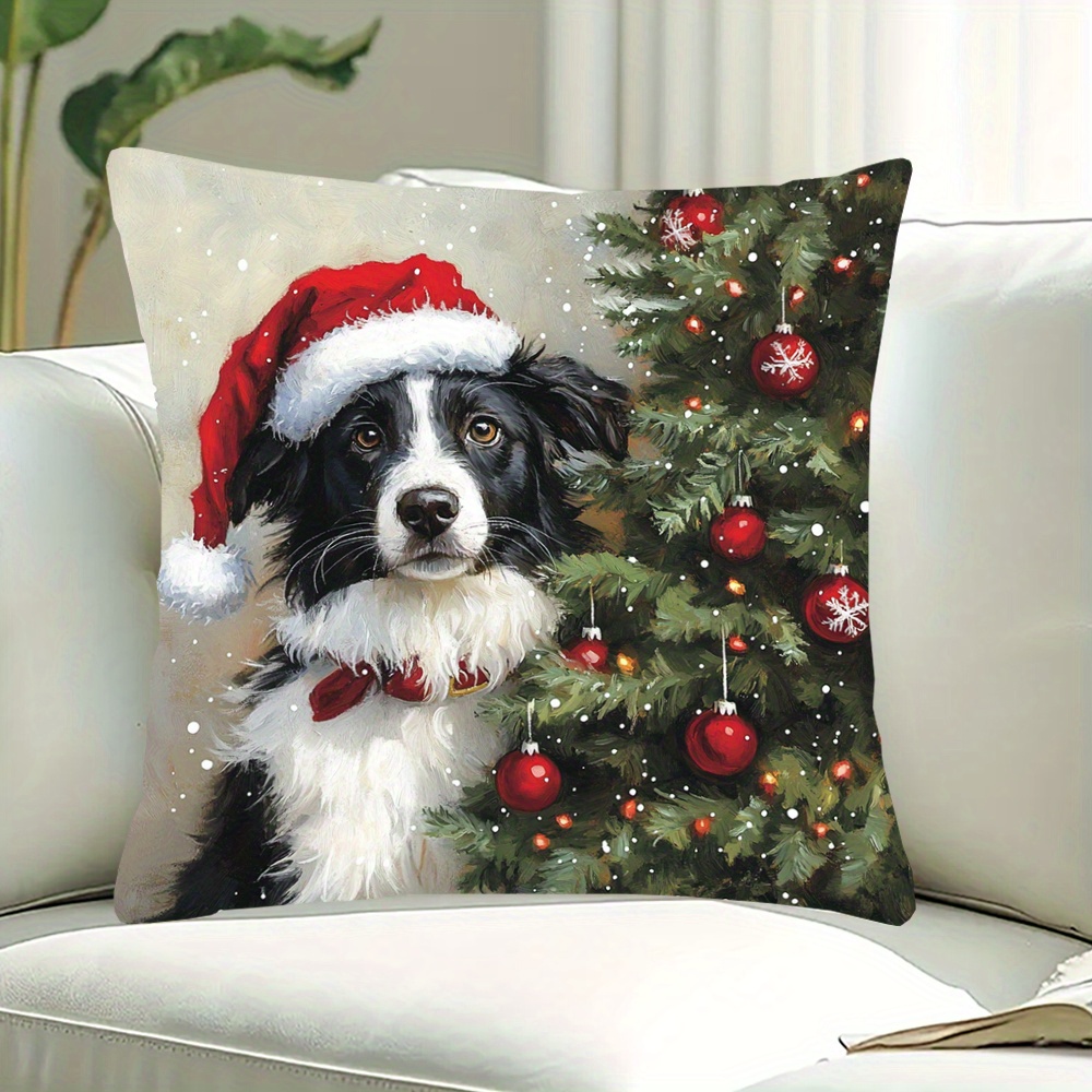 TEMU 1 pièce Taie d'oreiller en velours , Taie d'oreiller de Noël Border Collie - Tissu en velours confortable et au lisse, Impression sur une seule