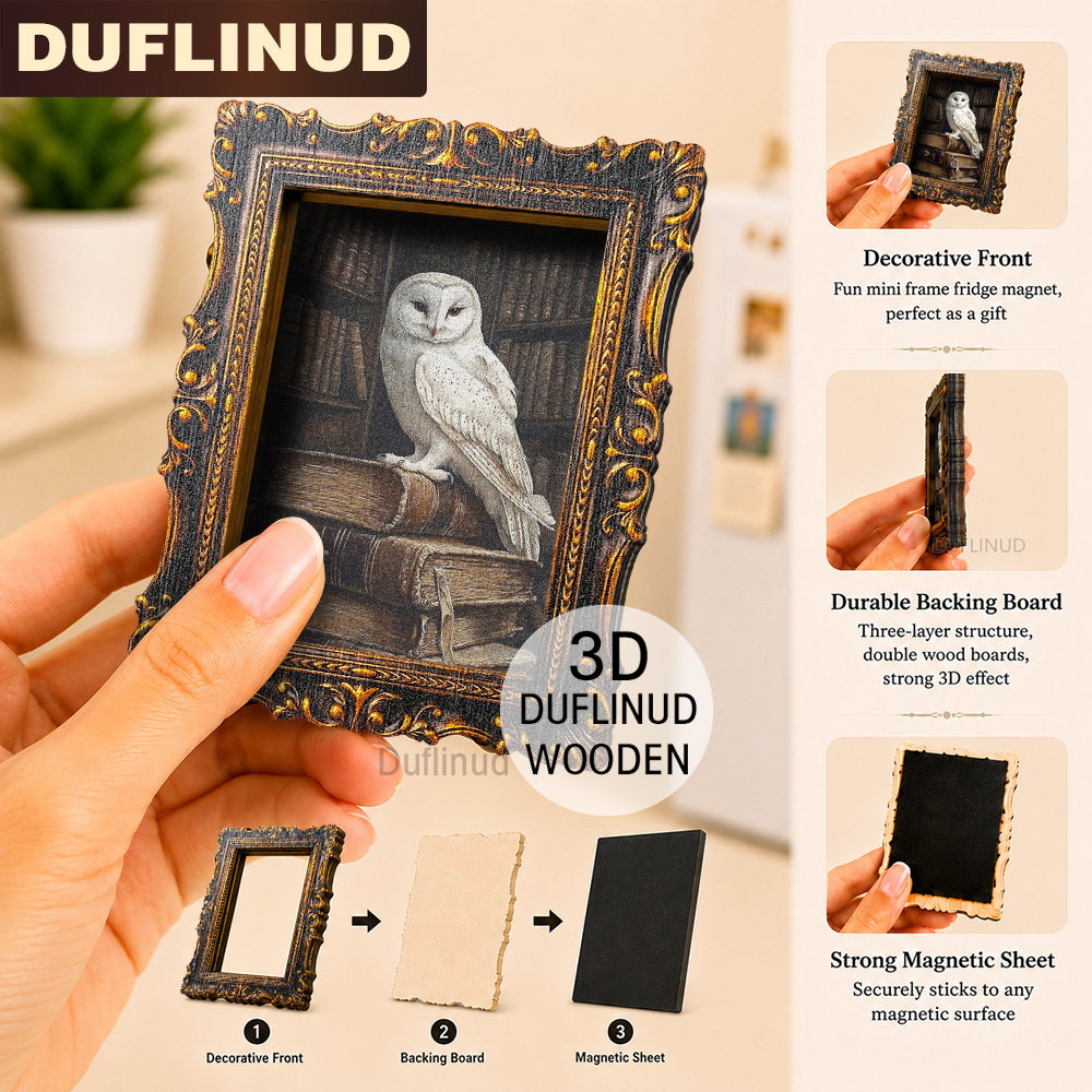 TEMU Aimant de réfrigérateur , Mini, Micro Héron élégant et design de livre rétro, Cadre doré rétro, Aimant de réfrigérateur en bois, Décor parfait