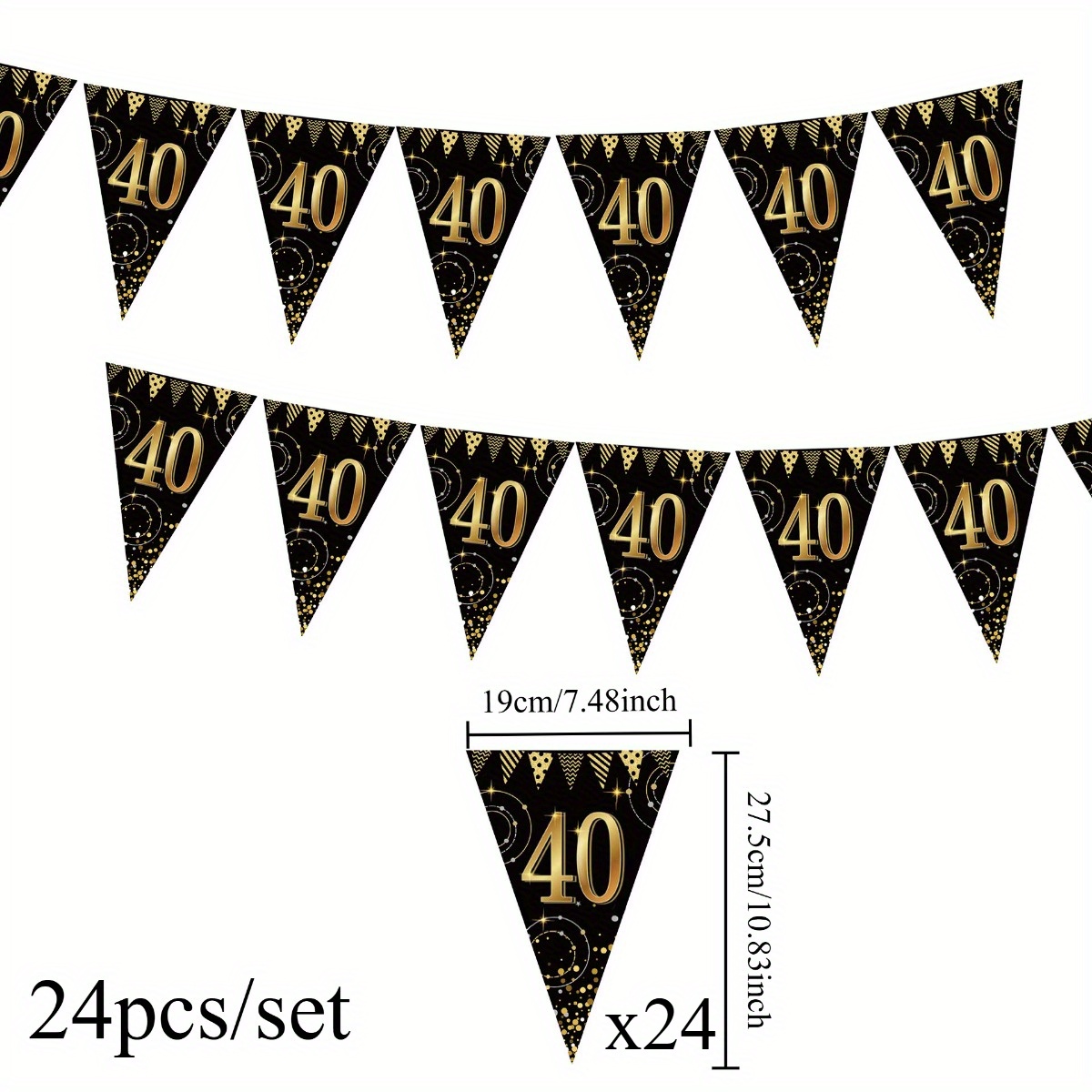 Image of 24pcs 40th Birthday Banner Decorations - Golden And Black Triangular Flags With Sequins, Durable Paper Entrance Decor, Suitable For Milestone Anniversary Parties, Indoor/outdoor Party Supplies