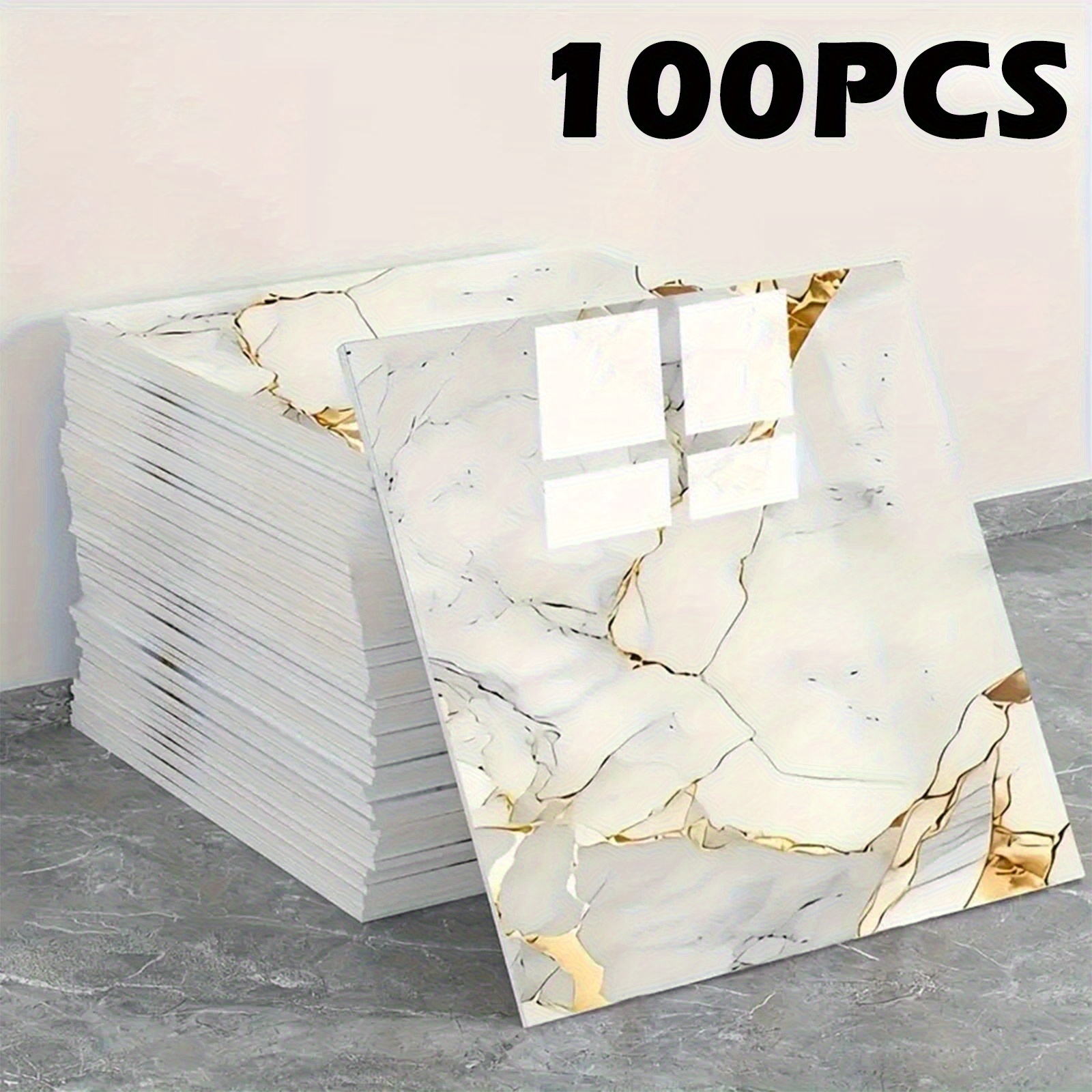 TEMU 50pcs-white Golden/100pcs-white Golden, Waterproof Pvc Wall Panels, Marble Wall Tiles Self-adhesive Vinyl Backdrop For Bathroom, Kitchen, Living