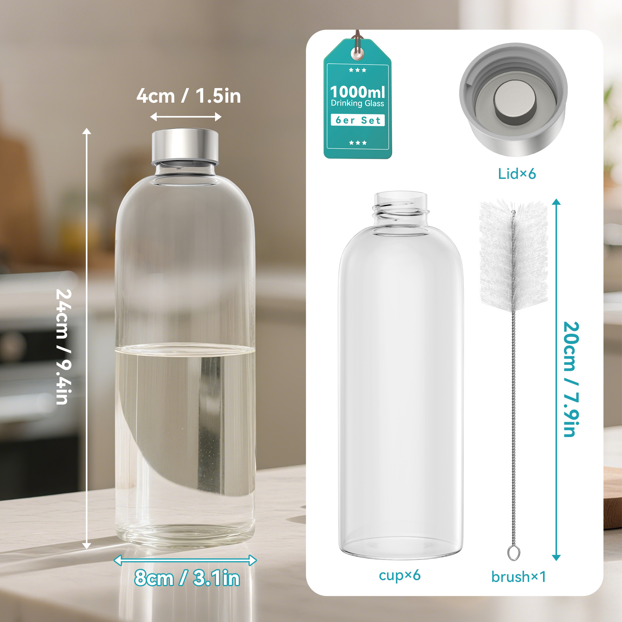 TEMU Botella de vidrio para beber 2/4/6 piezas, botella de agua de vidrio con cepillos de limpieza, vaso deportivo para exteriores, de acero