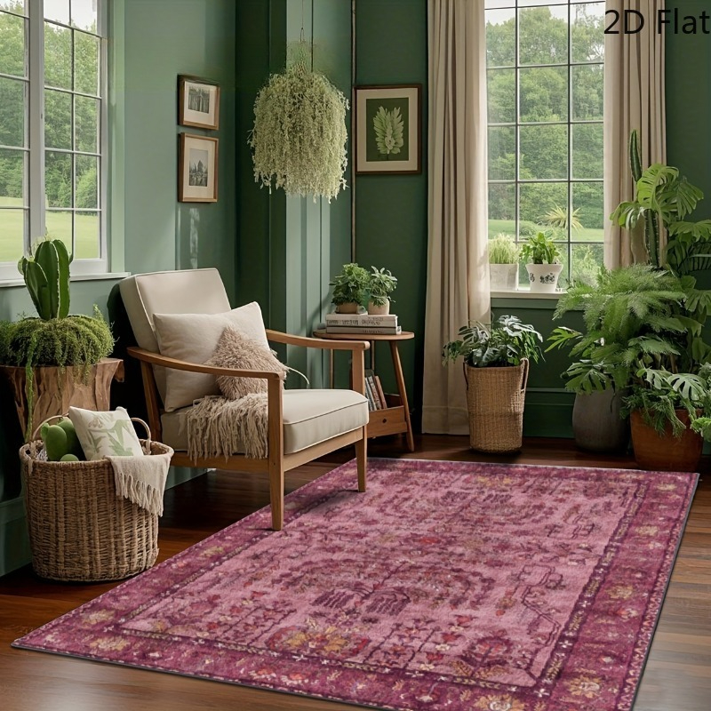 TEMU 1pc 2d Flat Persian Style Pink And Burgundy Emblem Pattern Velvet Printed Floor Mat, Living Room Carpet, Area Rug, Small Area Rug, Mat, Home