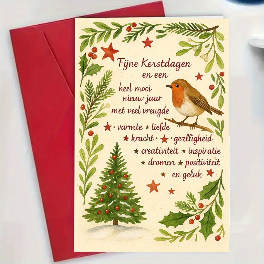TEMU Dutch-inspired Christmas Card With Robin & Holly - Elegant Red & Greeting With Dutch Phrases (e.g. "fijne Kerstavond" - Happy Christmas Eve) -