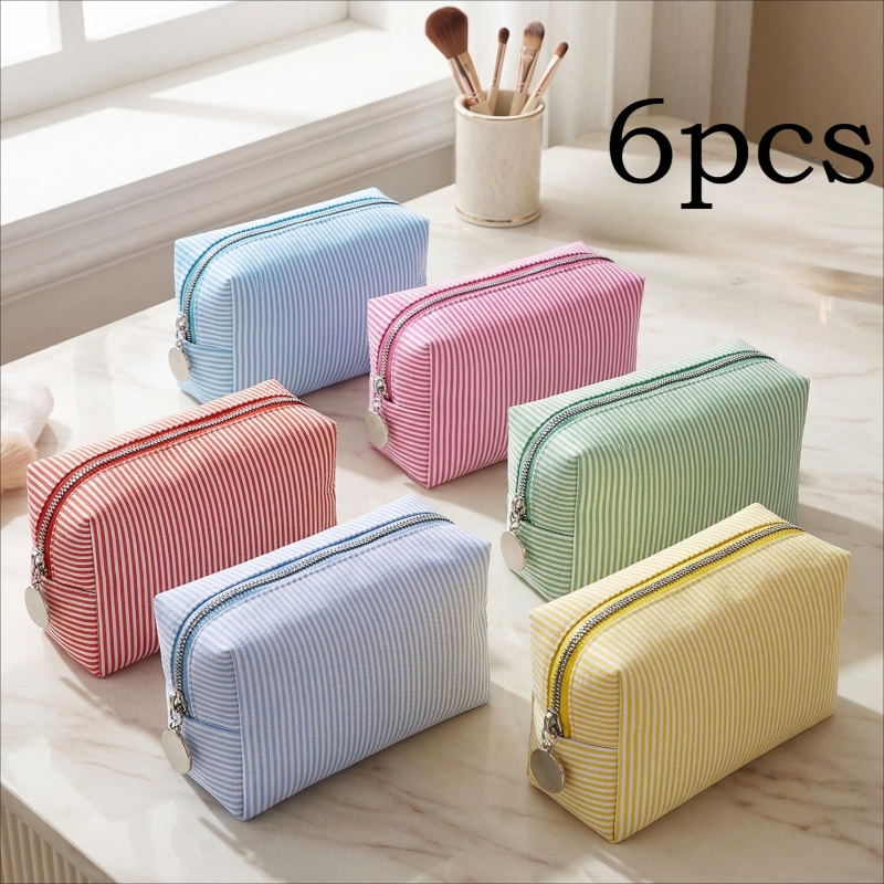 TEMU Cosmetic Bag 6-pack Large Macaron Color Striped Design Women's Toiletry Multi-functional Storage Travel Bag Ideal For Weddings, Bridesmaids,
