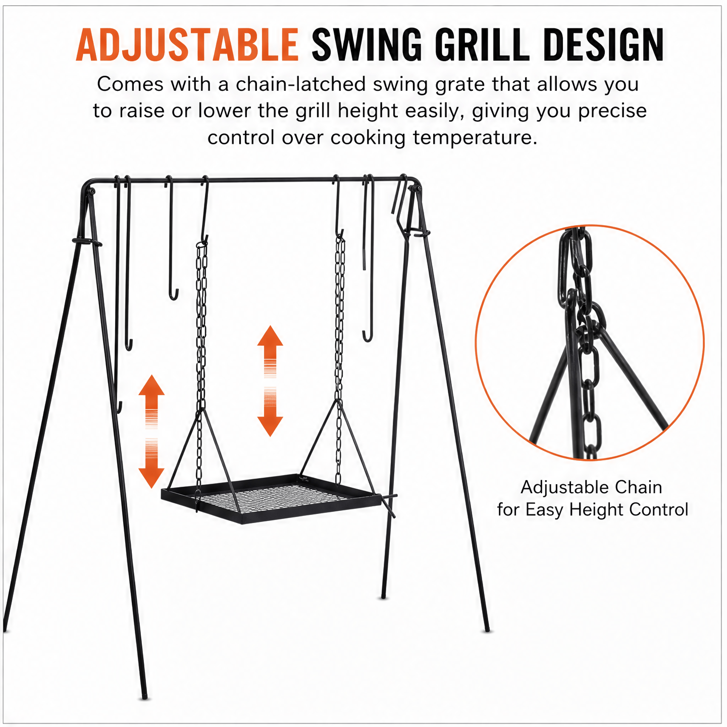 Grill Swing Hanging Campfire Cooking Stand With Adjustable Iron Grill Grate, Collapsible Campfire Cooking Rack With Hooks And Accessories For Bbq Picnic, Outdoor Camping Cookware, Dutch Oven