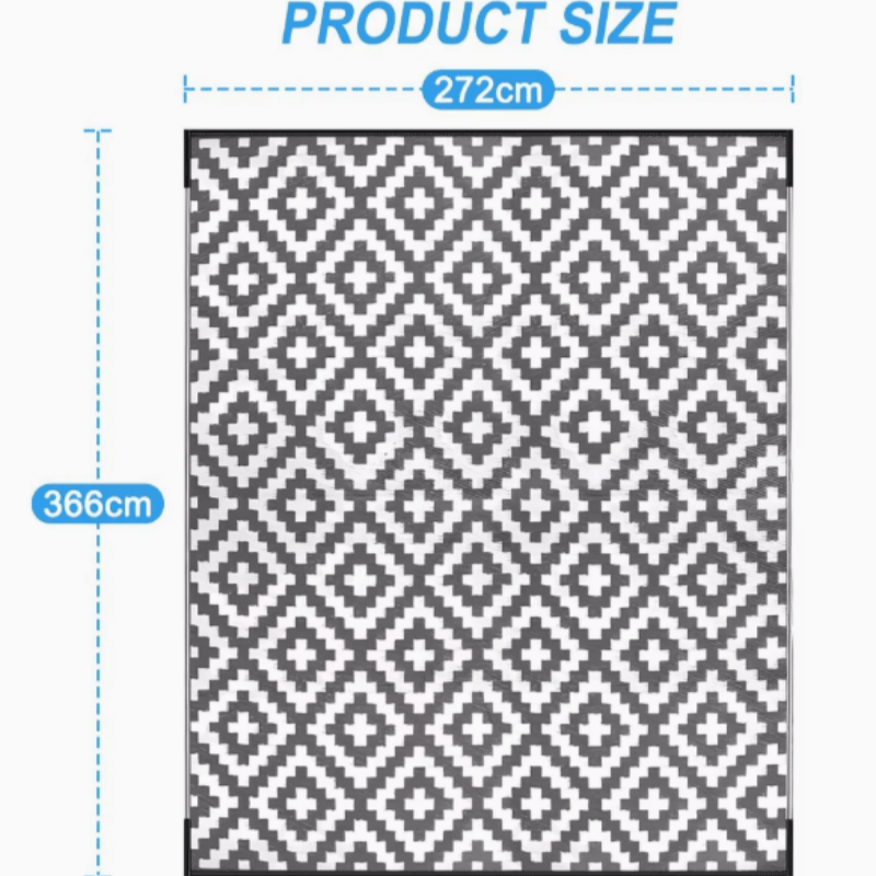 Image of Reversible High Quality Rug, Lightweight Plastic Straw Rug For Indoor, Outdoor Patio, Rv Camping, Deck, Porch, Balcony, Large Washable Area Rug- Black & White Geometric