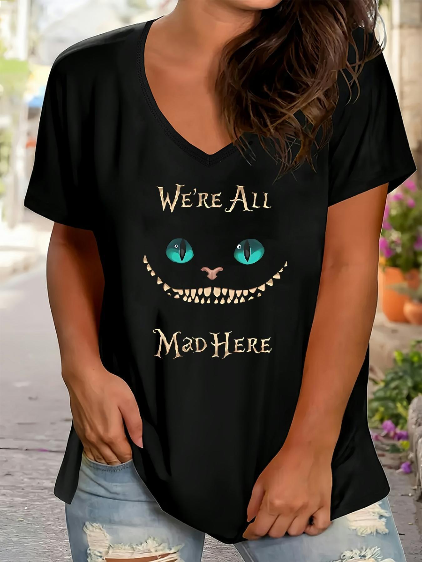 womens plus size graphic t shirt   all mad here cat   v neck short sleeve stretchy polyester blend casual streetwear black with colorful eyes teeth print spring summer fall wear casual streetwear   graphic tee stretchy fabric black 0