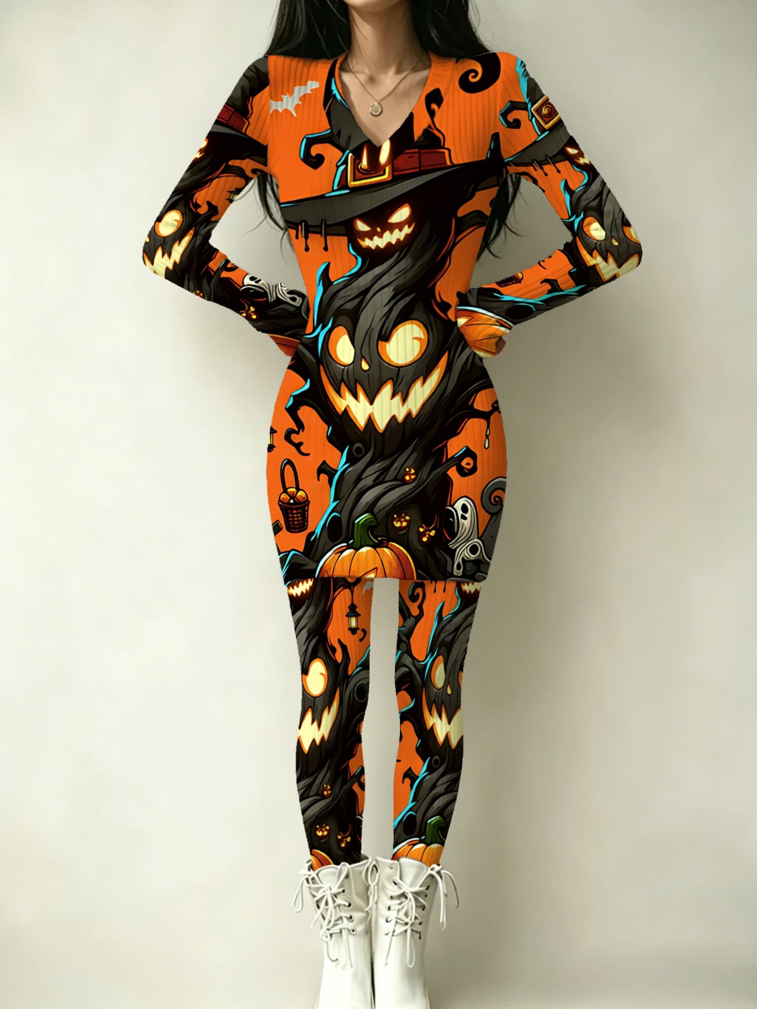 womens halloween spooky tree pumpkin print 2pcs outfit v neck long sleeve bodycon mini dress and matching skinny pants festive party set