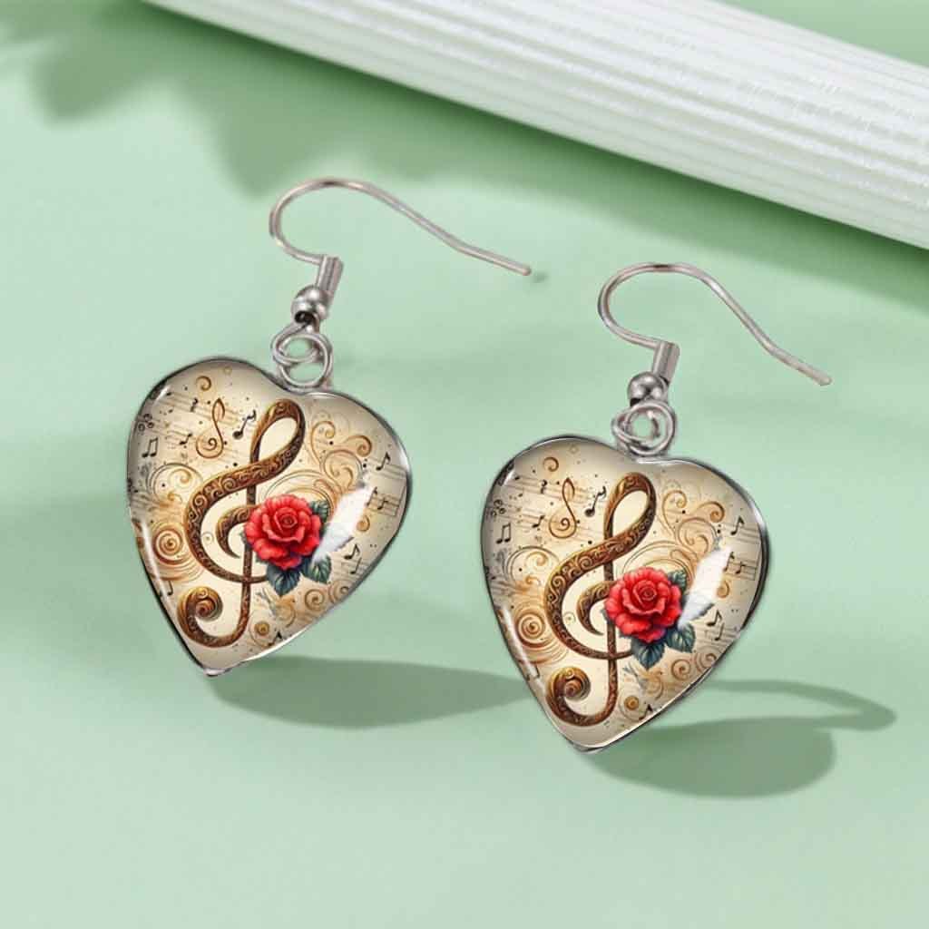 TEMU A Pair Of Heart-shaped Earrings With Artistic Symbols And Red Rose Patterns, A Fashionable Accessory For Everyday Wear, Perfect As A Valentine's