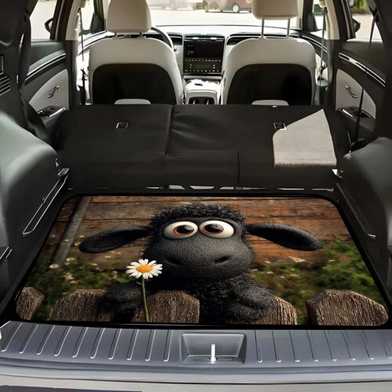 1pc Fashionable Car Trunk Mat, Decorated With A Funny Pastoral Pattern Of A Round- Black Lamb On A Wooden Fence And Holding White Daisies. Durable And Moisture-proof To Keep Dry And Clean