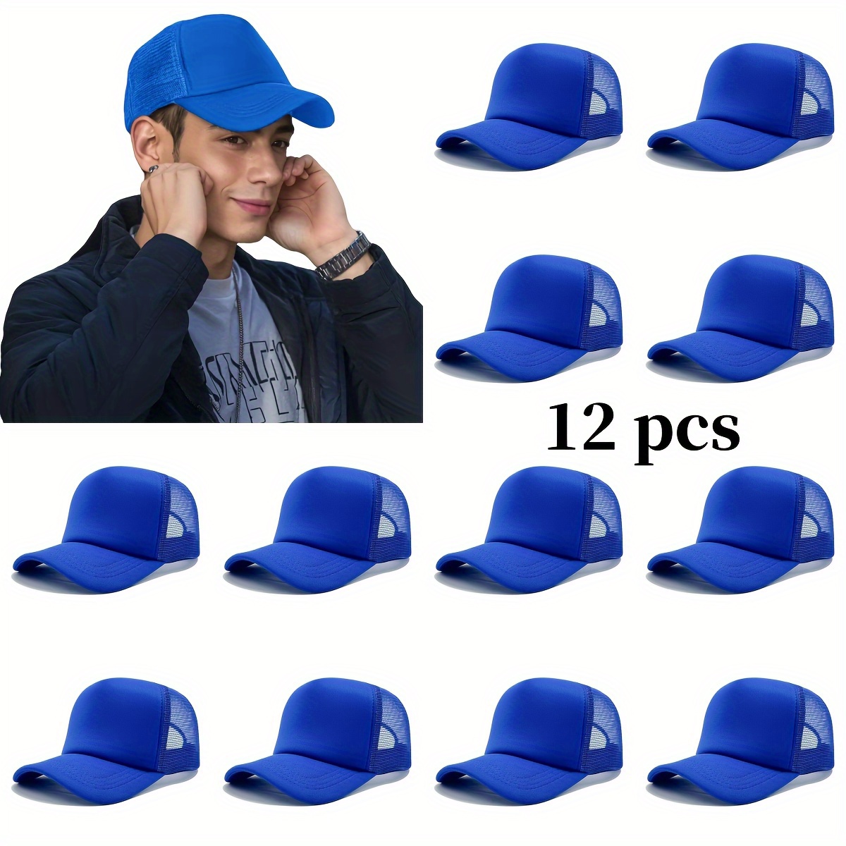 12 Black Baseball Caps, Breathable & Adjustable Fit
