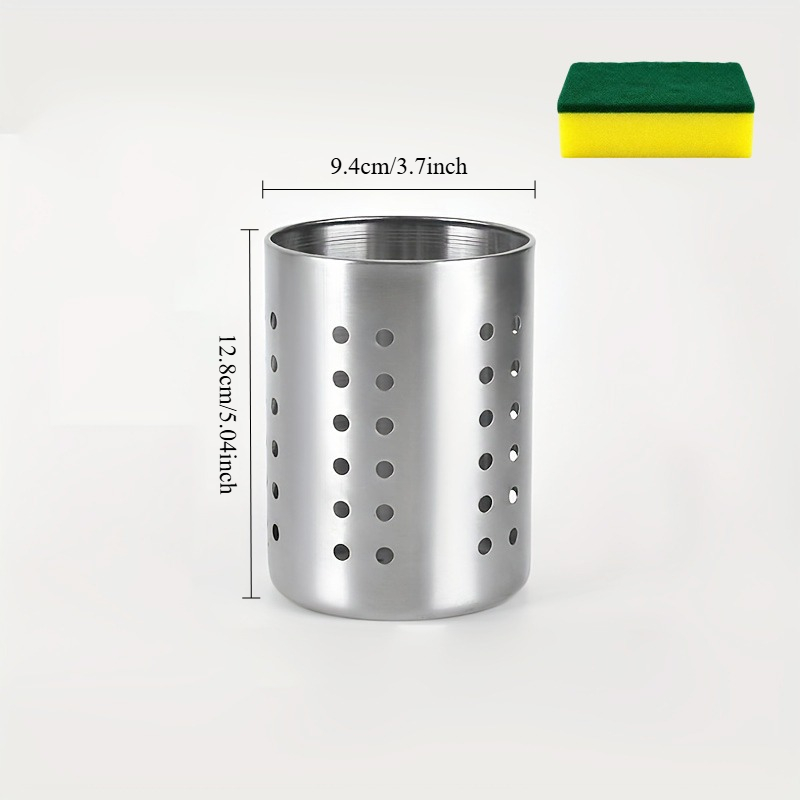 TEMU 1pc Stainless Steel Utensil Holder With Cleaning Sponge, Heavy Duty Cutlery Caddy Flatware Organizer For Home Kitchen & Commercial Restaurant