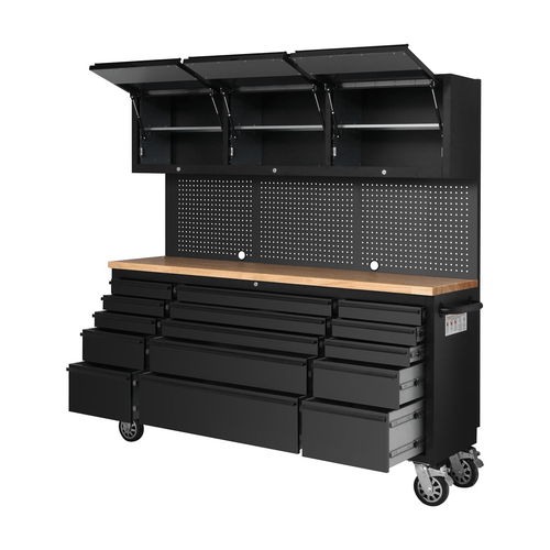 75 heavy duty large tool chest cabinet with 15 drawers 3 upper cabinets tool box suitable for garage workshop pegboard panel system with wood bench organizer for professional and diy storage