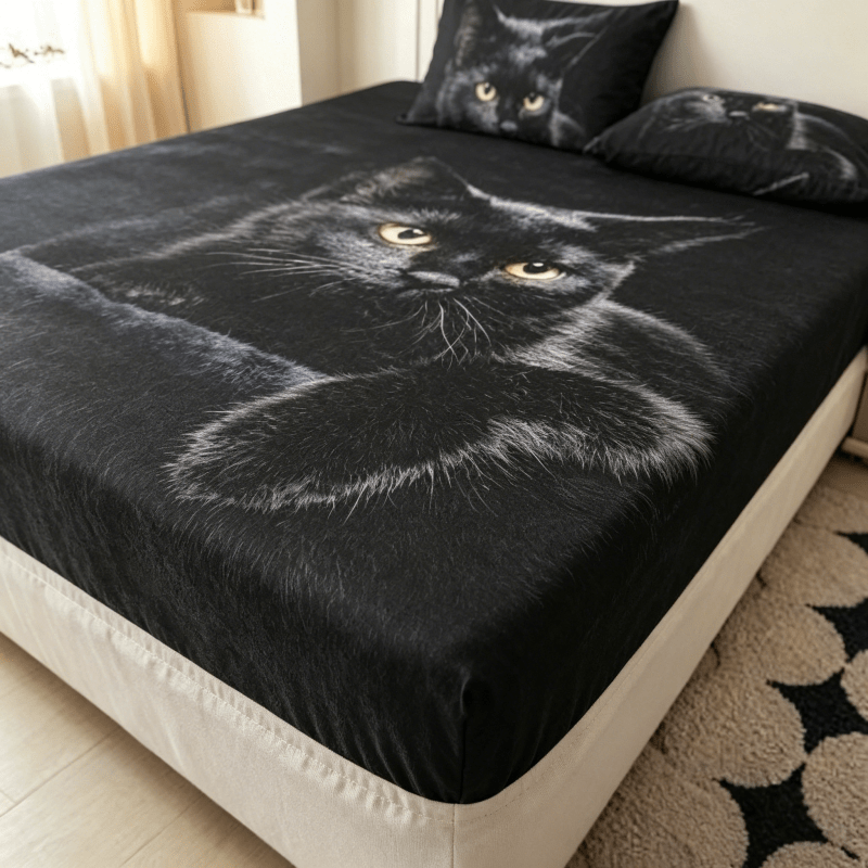 Soft Breathable Microfiber Fitted Sheet - Machine-washable , Deep Pocket Non-slip , Black Cat Print Novelty Design, Comfortable For , Fits Most Single Bed Mattresses