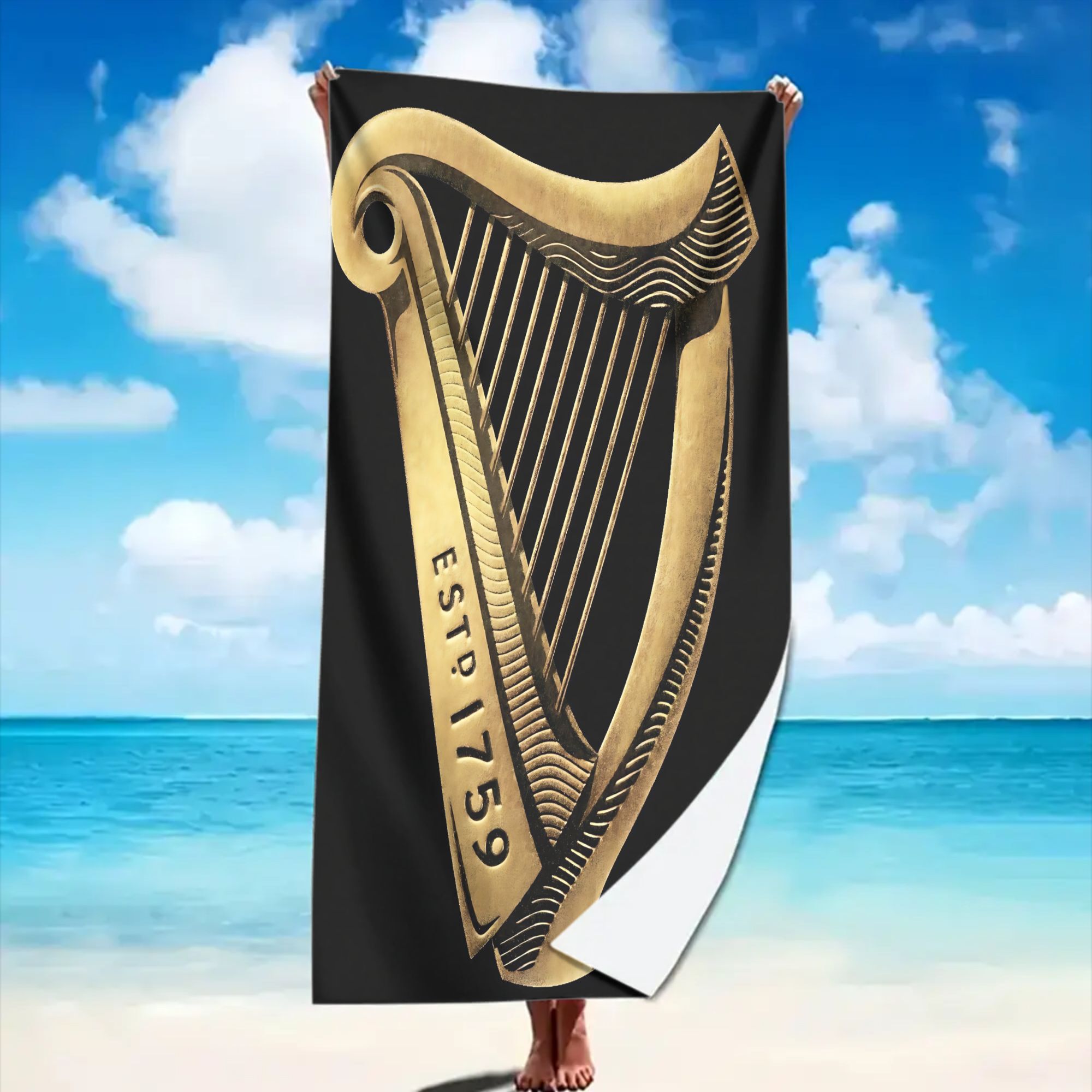 TEMU Irish Harp Logo Beach Towel Suitable For Poolside & Bath, Lightweight Microfiber Bath Towel With Irish Harp, Quick-dry Suitable For Vacations,