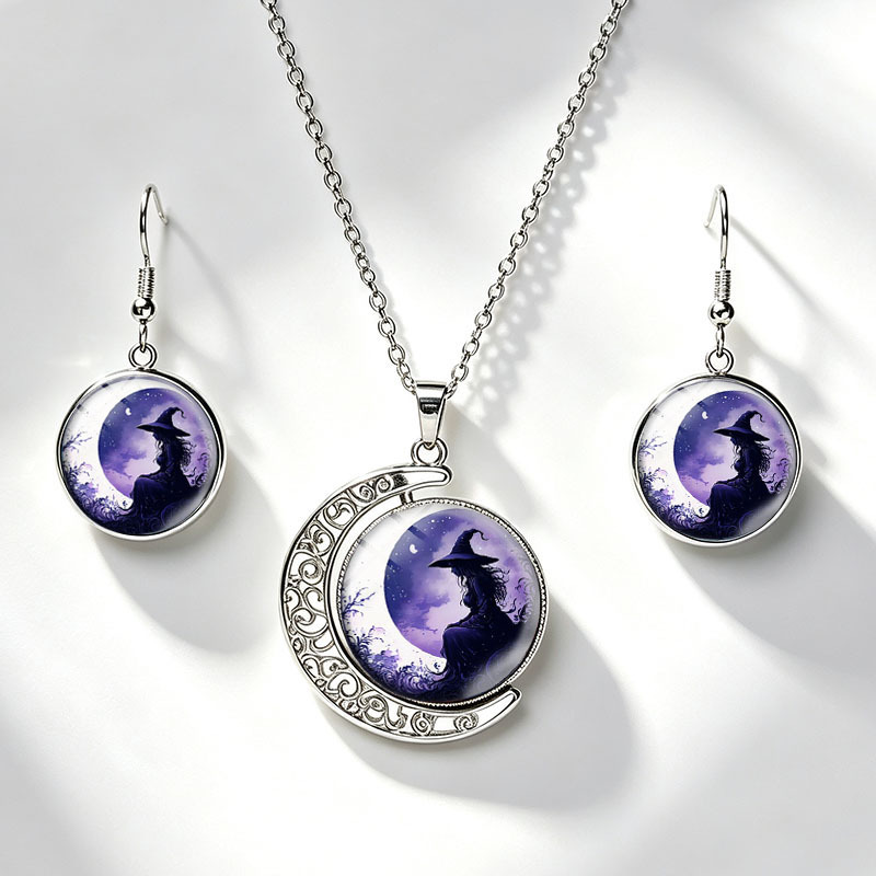 TEMU Set da 3 pezzi collana e orecchini strega luna , collane luna, orecchini pendenti rotondi con cupola in vetro, gioielli unisex