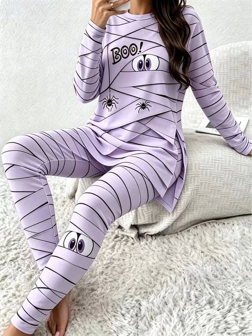 item picture halloween print long sleeve pajama set crew neck top high waist leggings loungewear soft comfortable 2pcs loungewear halloween themed parties wear and relaxing