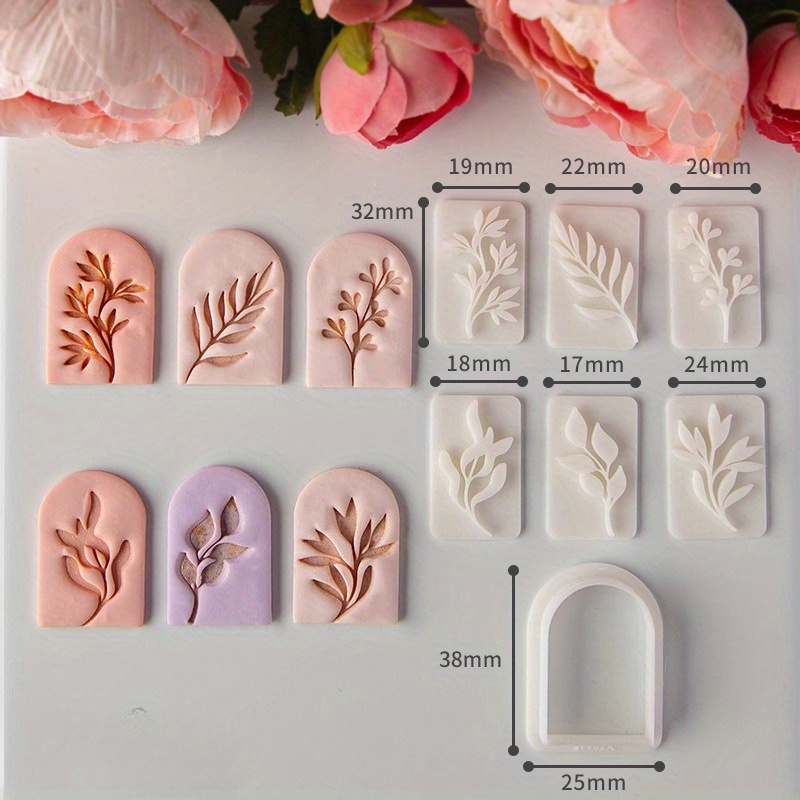 7pcs Green Leaf Soft Clay Earring Mold Fresh Plant Vine Foliage Pottery Clay Cutter Set Earrings Pendant Ceramics Making Tools