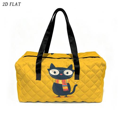 2d printed travel duffel bag cute glasses wearing black cat with colorful striped scarf on solid yellow background durable polyester luggage in 46x21x22cm mixed color option ideal for weekend trips daily outdoor travel