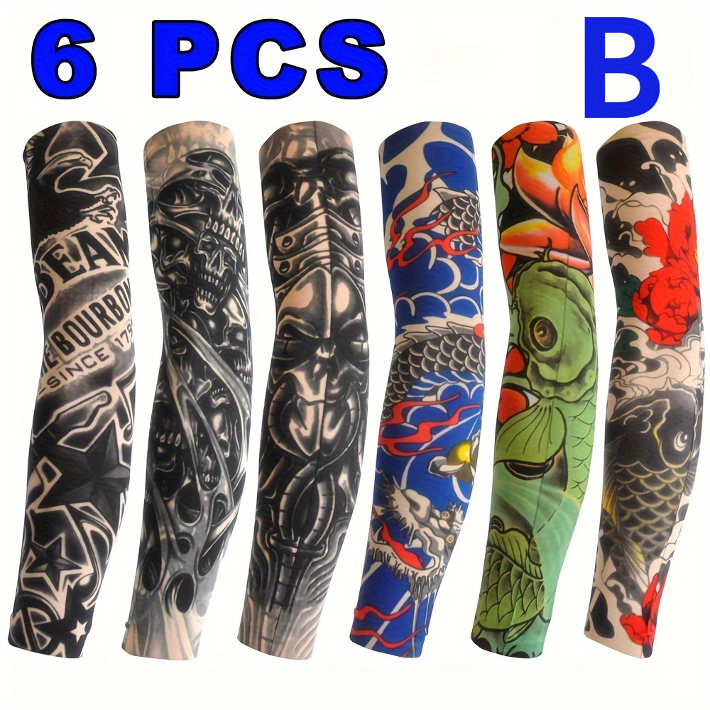 TEMU 6pcs Black & White Tattoo-inspired Sleeve Covers - Outdoor Cycling & Skateboarding Armguards With Intricate Designs, Knit Fabric, Outdoor Gear |