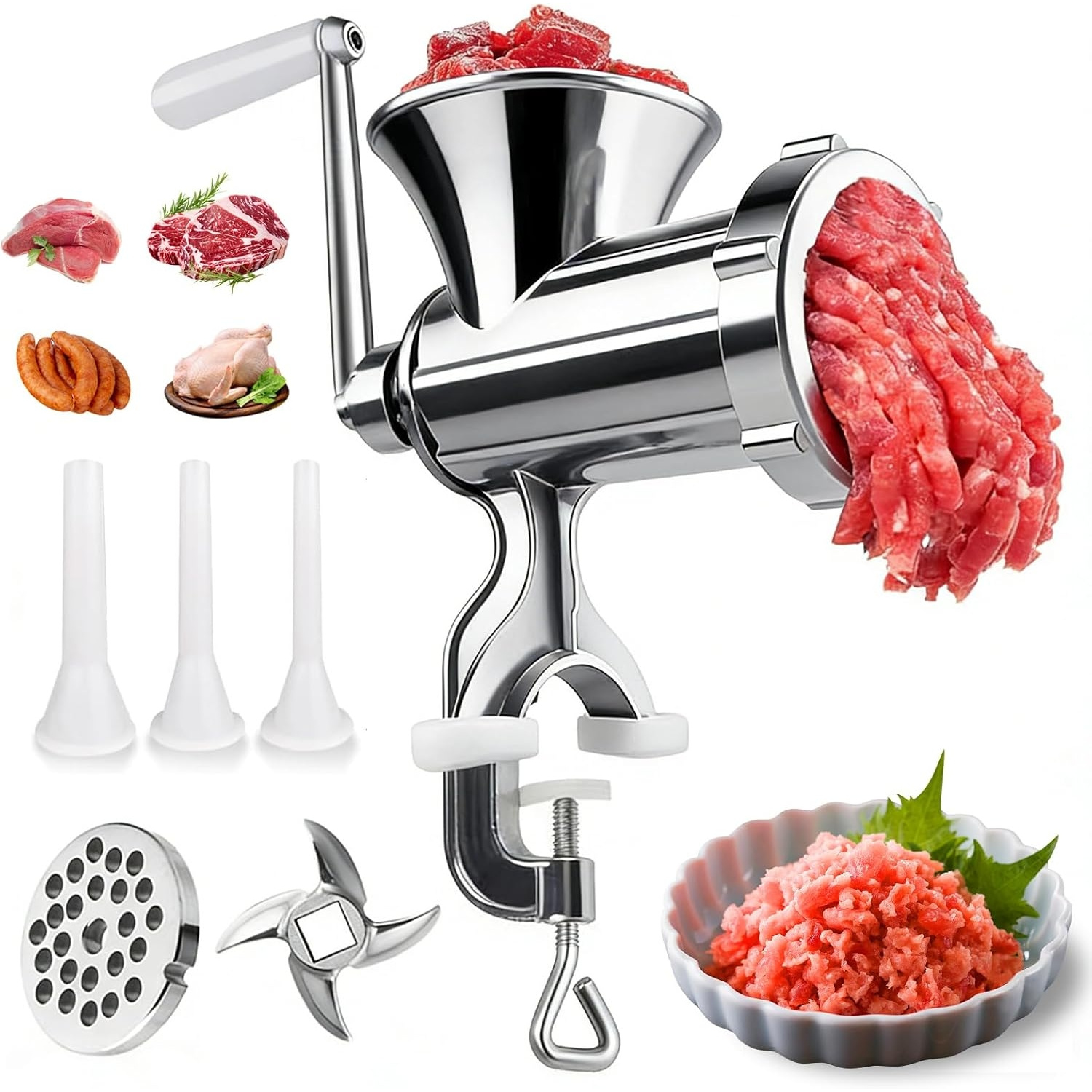 large household manual meat grinder sausage maker tabletop mounted   mincer with sausage stuffing funnel for making   patties