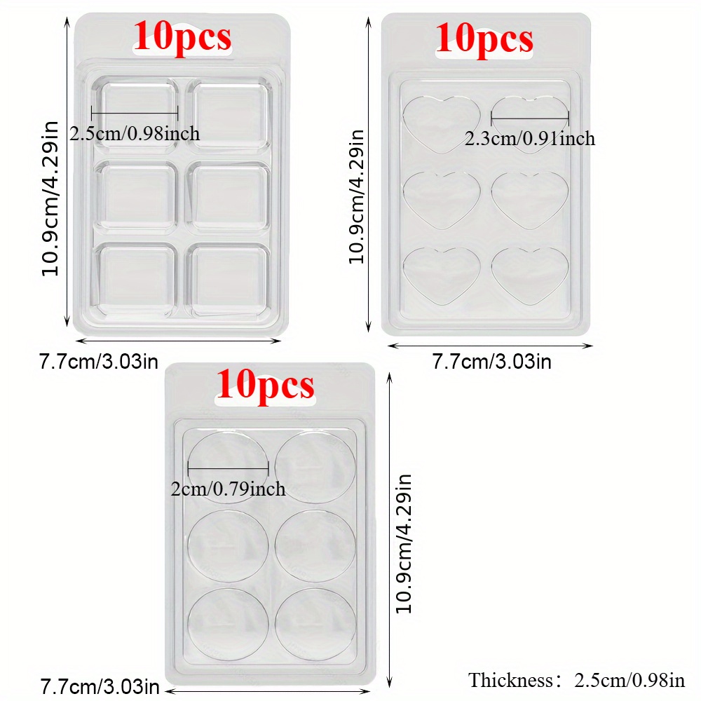 30pcs Plastic Wax Melt Molds Set - 6- Clear Empty Containers In Square, Round, And Heart Shapes For Wickless Candles, And Soap, Candle Tools
