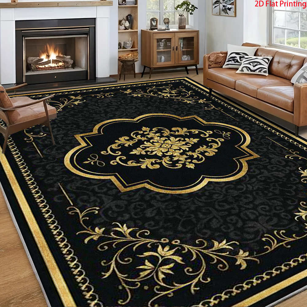 TEMU Large Oriental Rug Suitable For Living Room & Bedroom - Jumbo European Floral With Black Golden, Non-slip Backing, Machine Washable Soft Floor