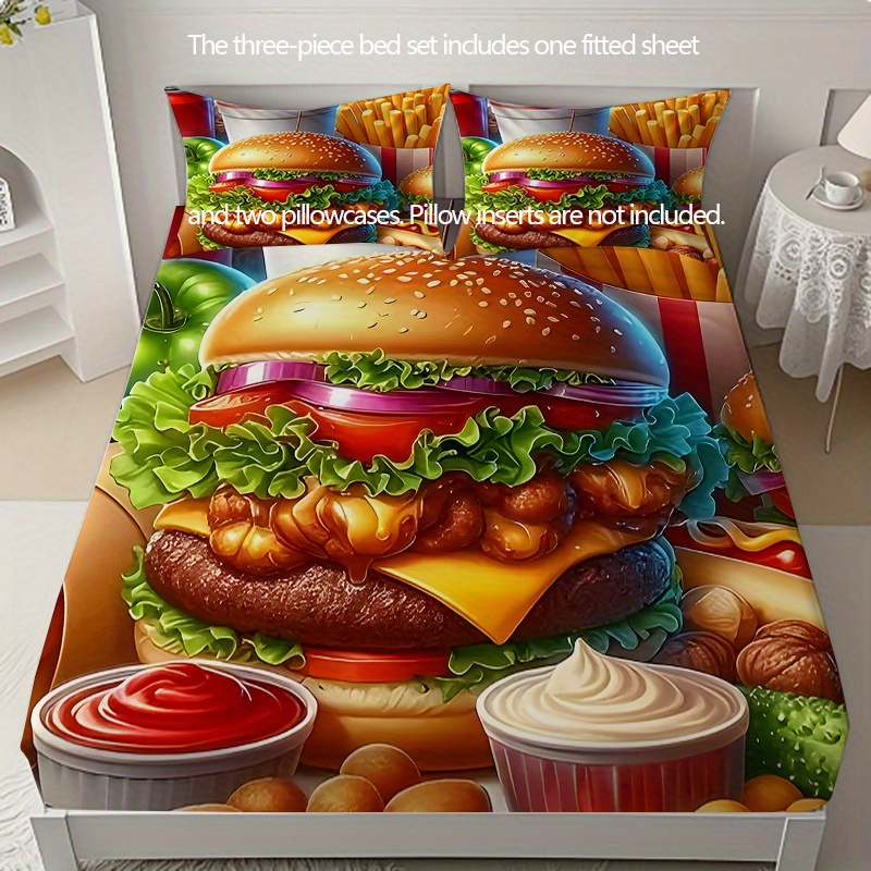 TEMU Three-piece Bedding Fitted Sheet Pillowcase Set Hamburger Pattern Printing Includes 1 Fitted Sheet And 2 Pillowcases (excluding Pillow Cores)