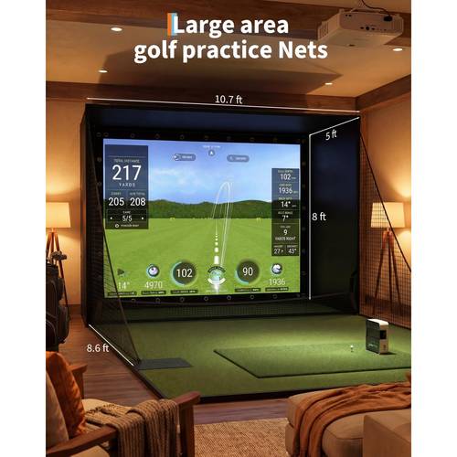 Complete Golf Simulator Enclosure Package, 11 X 8 Ft 4K-Ready Impact Screen with Blackout Cage, Frame Poles, Side Nets And Sandbags for Indoor Or Garage Practice, Easy Setup, 9 Ft