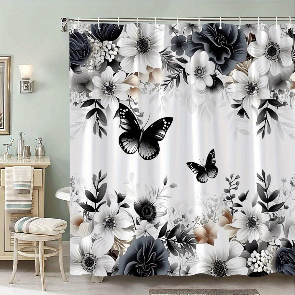 TEMU 1pc Polyester Shower Curtain Black And White Floral And Design With Roses, Lilies, Daisies | Machine Washable | Elegant Bathroom Decor, Shower