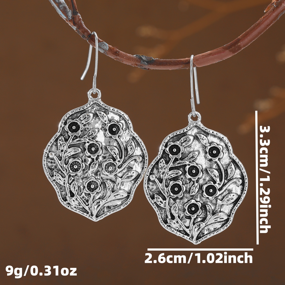 Women's Retro Distressed Floral Embossed Pendant Earrings