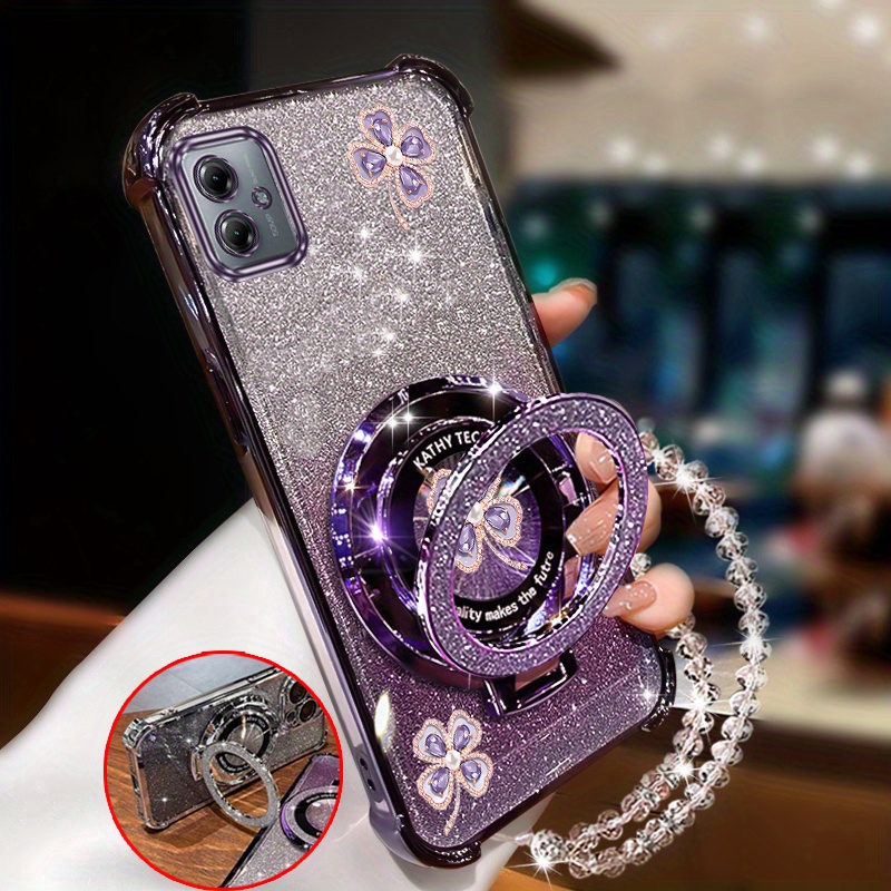 TEMU Shiny Glitter Wrist Strap Magnetic Clover Phone Case For Moto G54, Providing Anti-knock And Shockproof