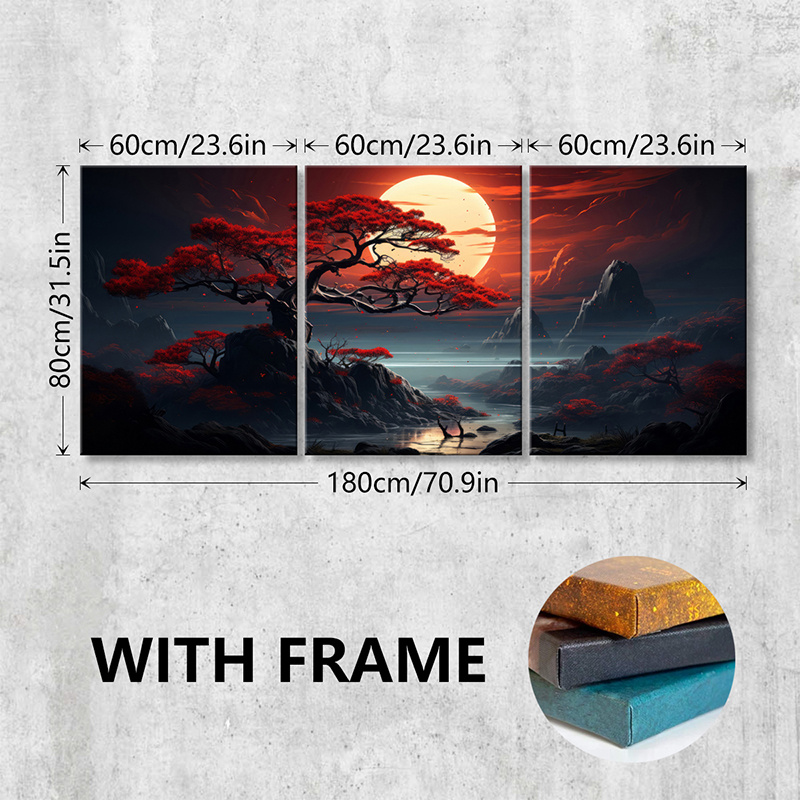 TEMU 3pcs/ Set Wooden Framed Canvas Poster, Dusk, Trees On Top Of Mountain, , , Modern Wall Art Painting For Living Room, Bedroom, Bathroom, Office,