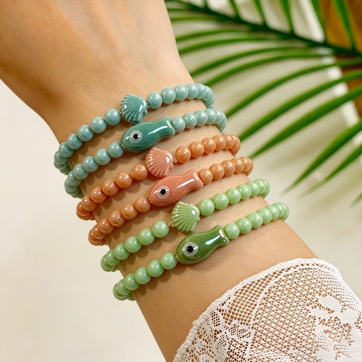 6pc Ocean-Themed Ceramic Fish & Seashell Beaded Bracelet Set