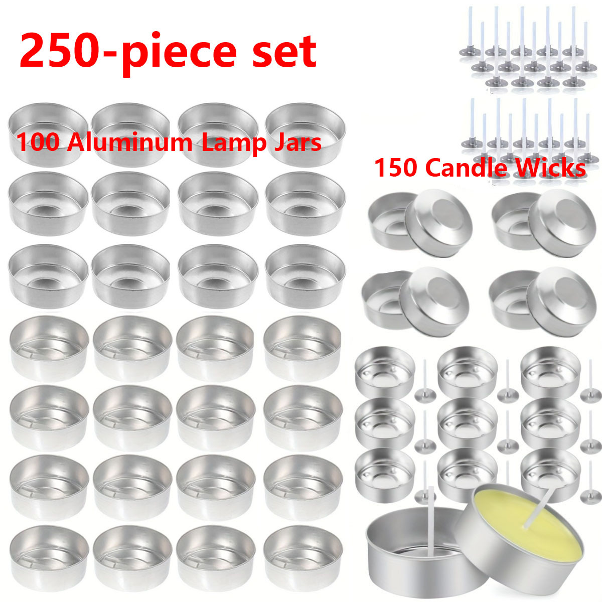 TEMU Set de 250 piezas (100 Frascos de Aluminio para Velas + 150 ) Portavelas de Aluminio con Mecha, Frascos para Velas de Te, Vasos de Aluminio para