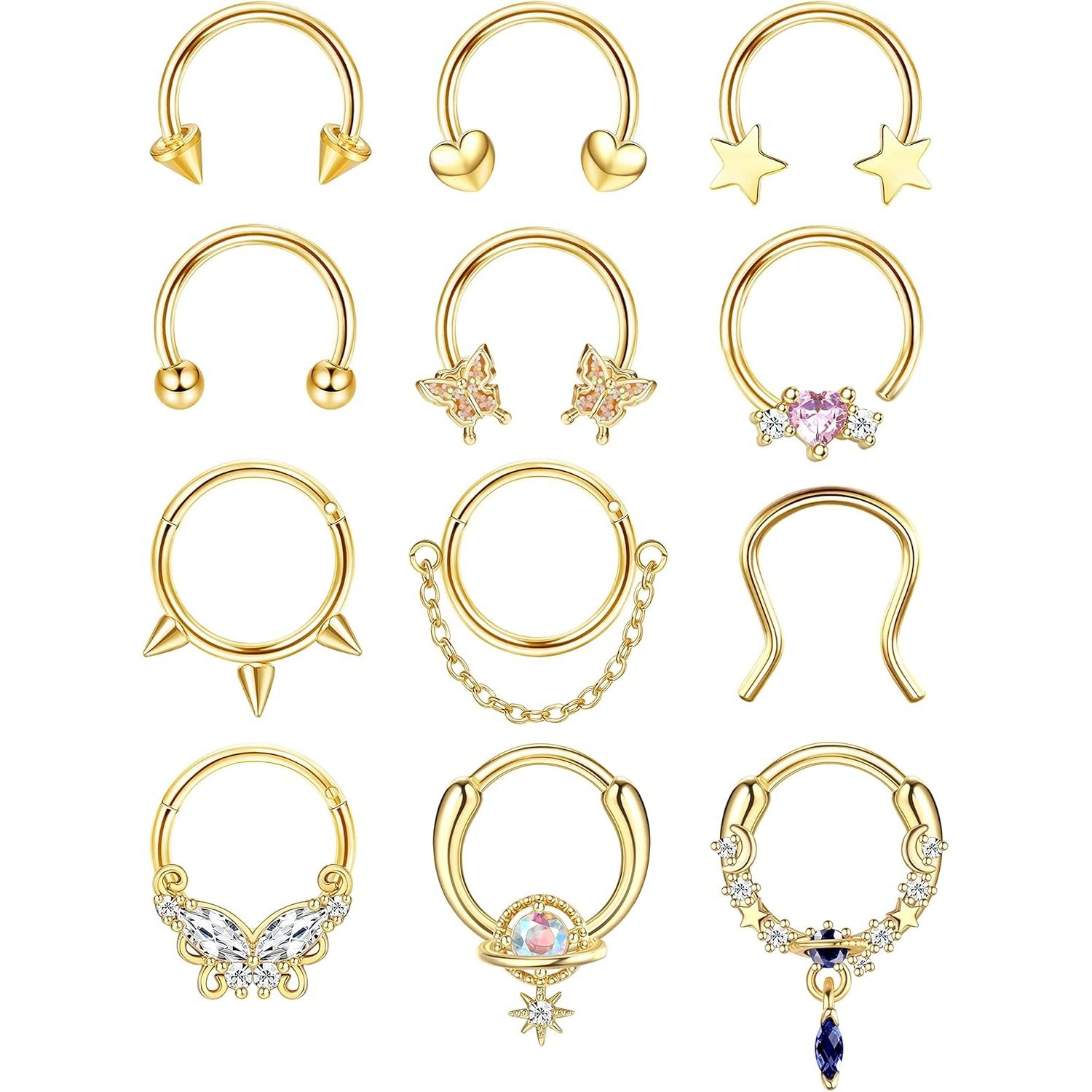 Image of 12pcs 10mm Septum Rings For Women | Hypoallergenic Surgical Steel, Heart And Designs, Nose And Lip Piercing Hoops, Elegant And , Steel With Copper Alloy Plating, Synthetic Zirconia, Milacolato Brand