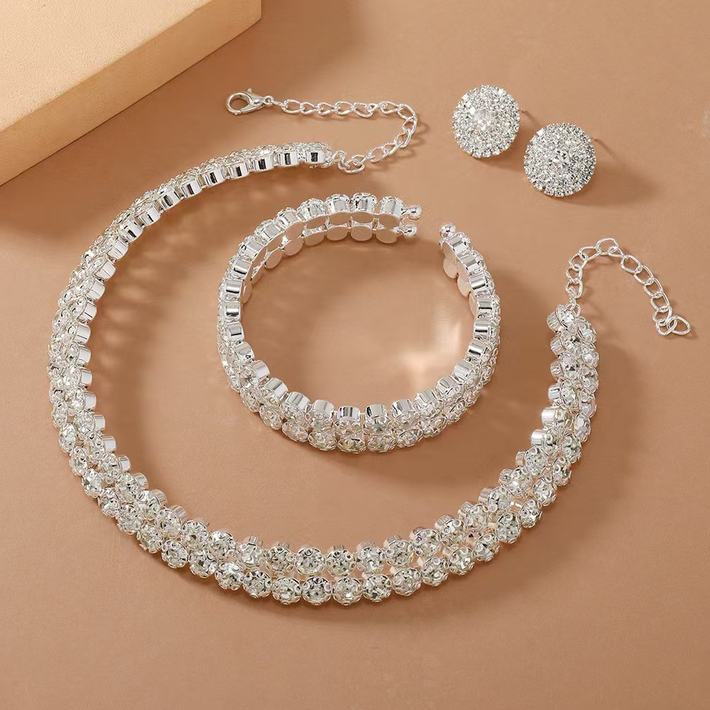 Image of Bridal Rhinestone Double-layer 3pcs Necklace Set, Women's Clavicle Chain Jewelry Accessories
